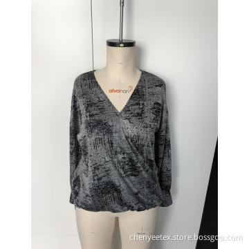 V-neck printing top with long sleeves